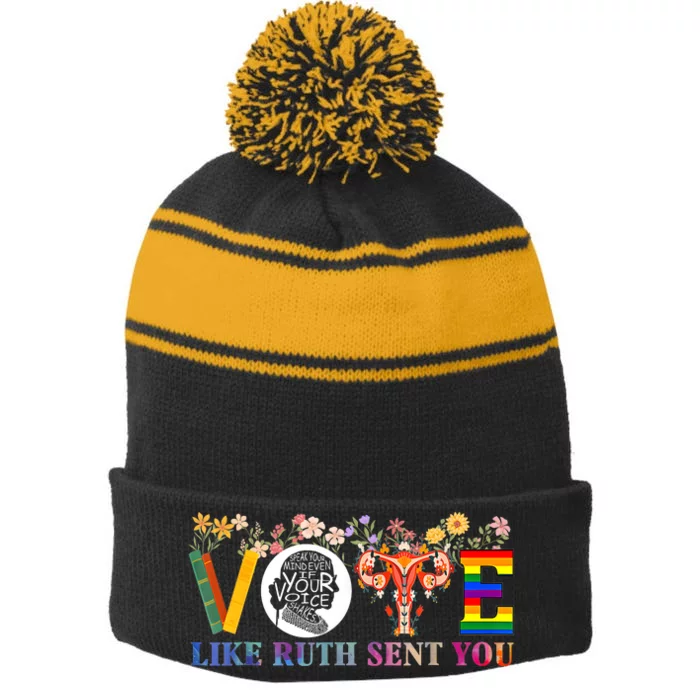 Vote Like Ruth Sent You Feminist Voting Inspirational Stripe Pom Pom Beanie