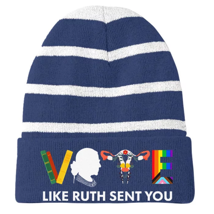 Vote Like Ruth Sent You Uterus Feminist Lgbt Striped Beanie with Solid Band