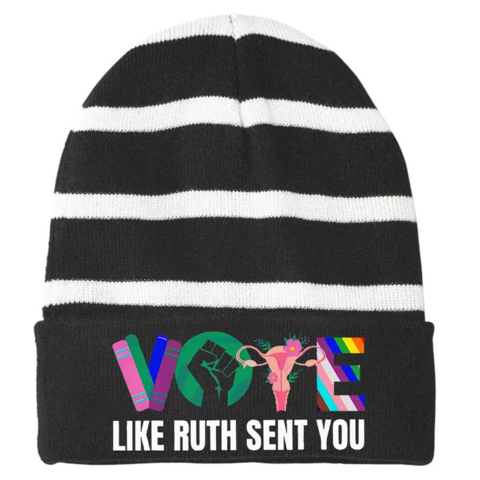 Vote Like Ruth Sent You Uterus Feminist Lgbtq I Dissent Striped Beanie with Solid Band