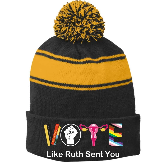 Vote Like Ruth Sent You Uterus Feminist Lgbt Apparel Stripe Pom Pom Beanie