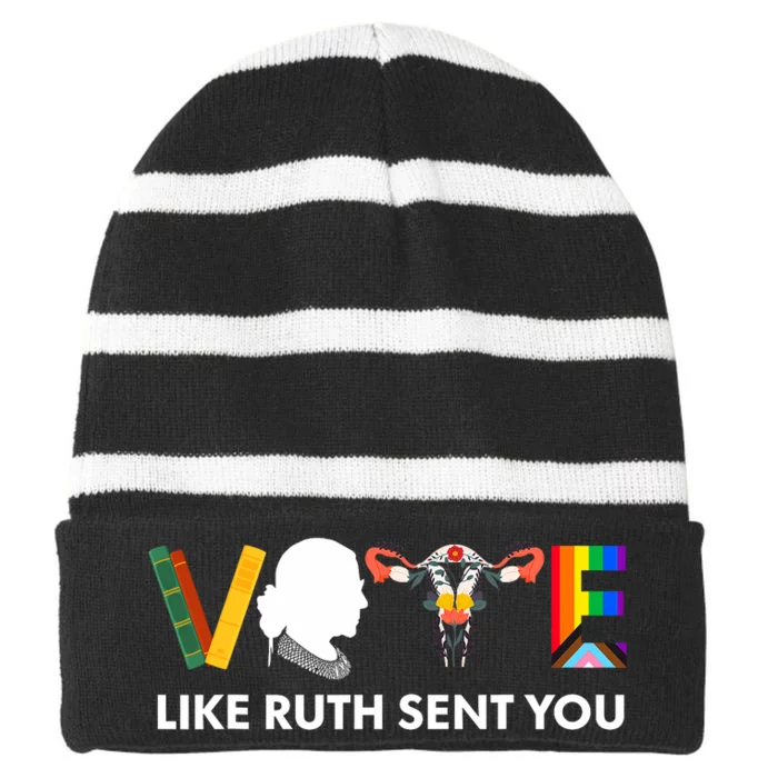 Vote Like Ruth Sent You Uterus Feminist Lgbt Striped Beanie with Solid Band