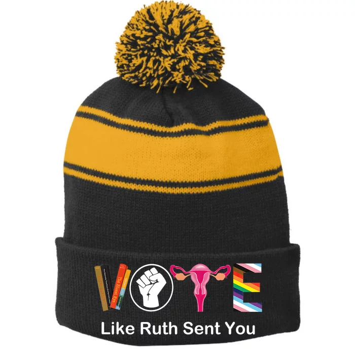 Vote Like Ruth Sent You Uterus Feminist Lgbt Apparel Stripe Pom Pom Beanie