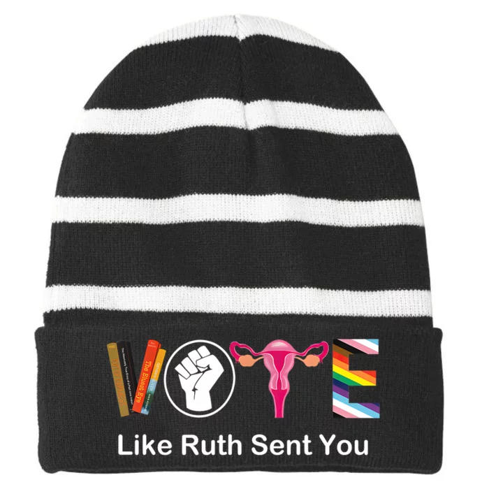 Vote Like Ruth Sent You Uterus Feminist Lgbt Apparel Striped Beanie with Solid Band