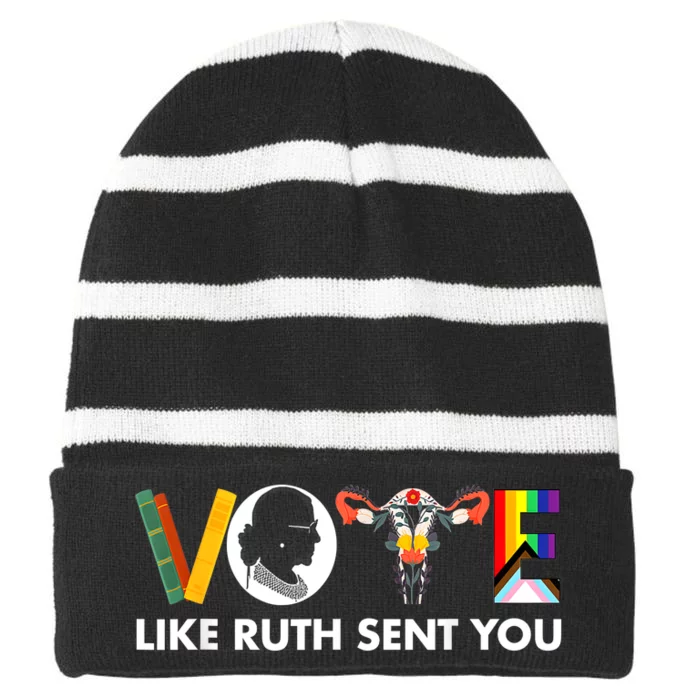 Vote Like Ruth Sent You Funny Uterus Feminist Lgbt Striped Beanie with Solid Band