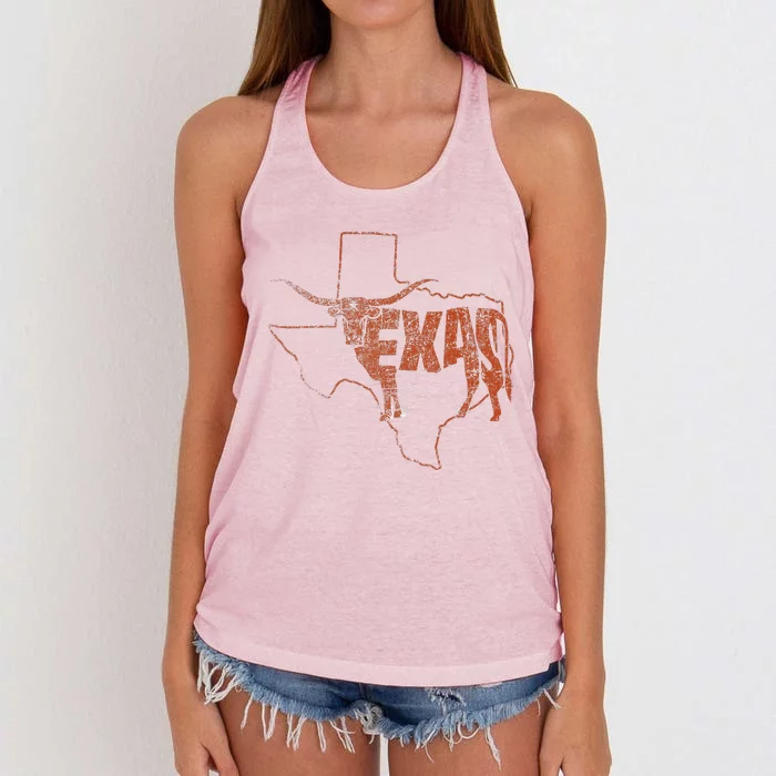 Vintage Longhorn Texas Trendy Austin Pride Retro Design Women's Knotted Racerback Tank