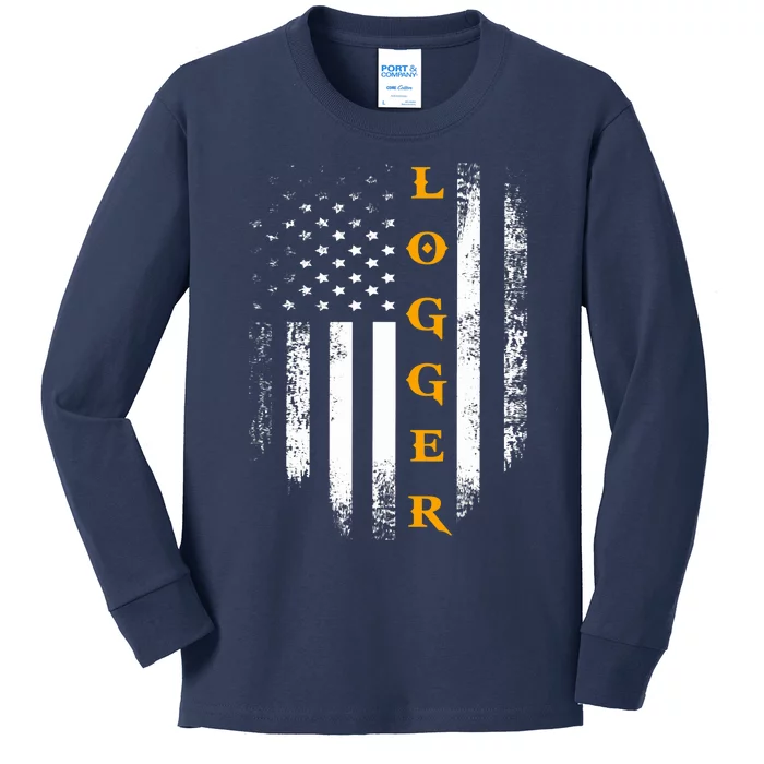 Vintage Logger With American Flag Logging/Carpenter Gift Kids Long Sleeve Shirt