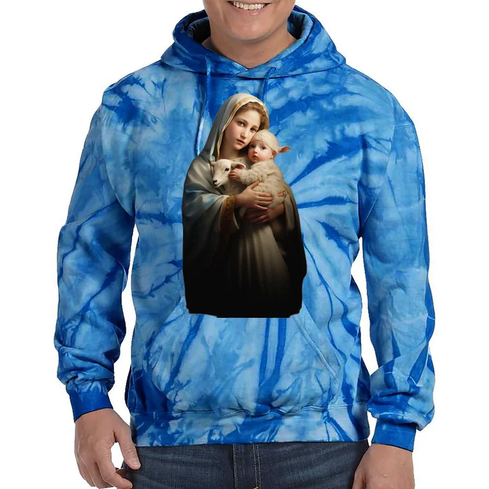 Virgin Mary And Baby Jesus With Lamb Religious Design Tie Dye Hoodie