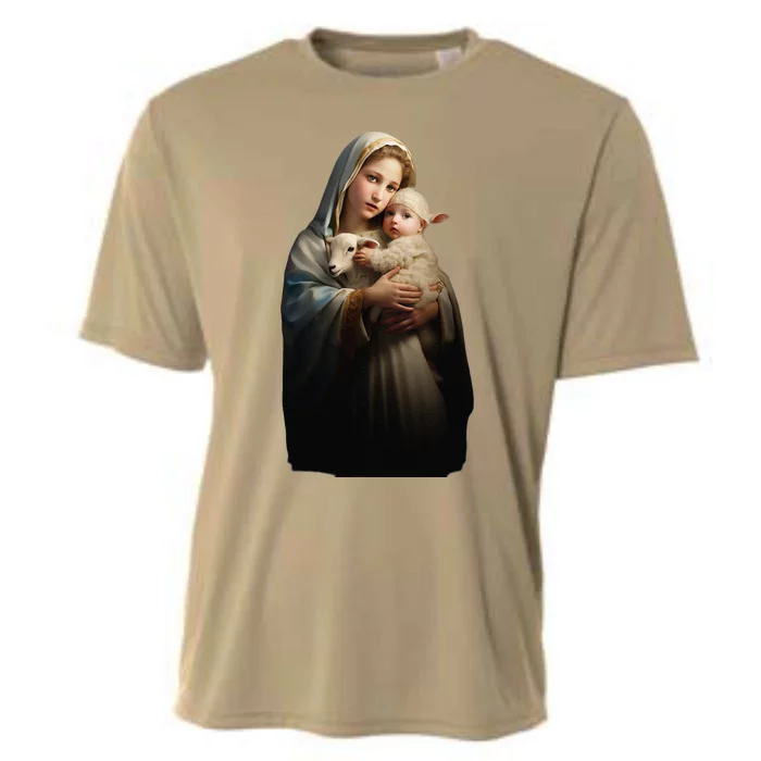 Virgin Mary And Baby Jesus With Lamb Religious Design Cooling Performance Crew T-Shirt