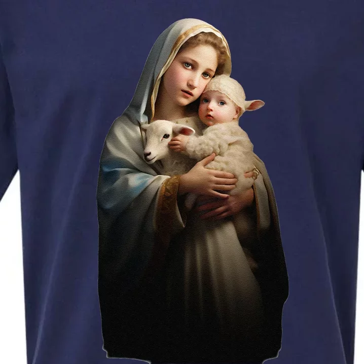 Virgin Mary And Baby Jesus With Lamb Religious Design Sueded Cloud Jersey T-Shirt