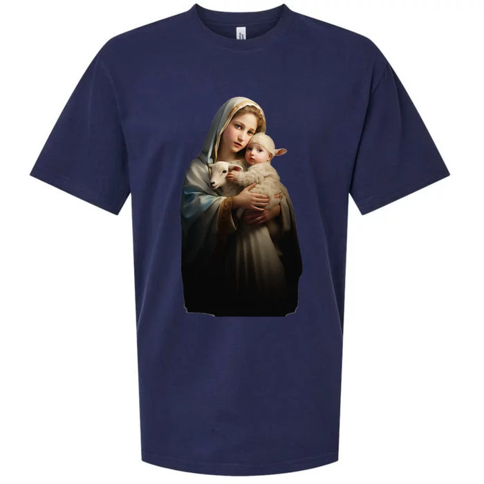 Virgin Mary And Baby Jesus With Lamb Religious Design Sueded Cloud Jersey T-Shirt