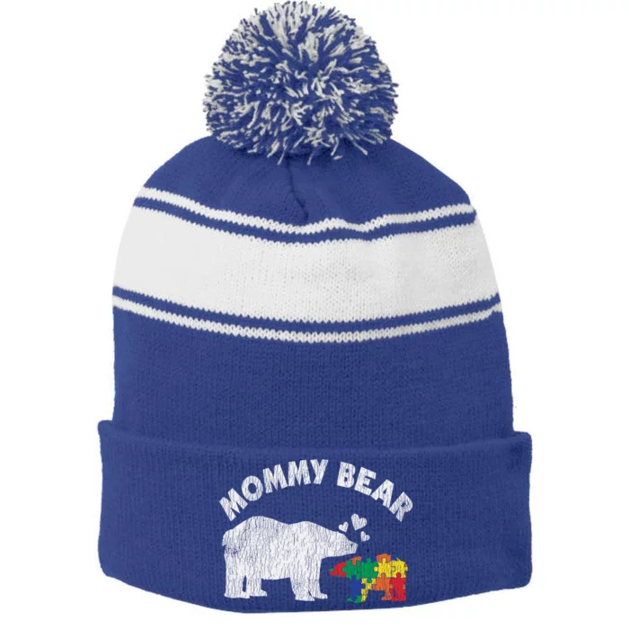 Vintage Mommy Bear Mother Autistic Autism Awareness Mom Gift Stripe Pom Pom Beanie