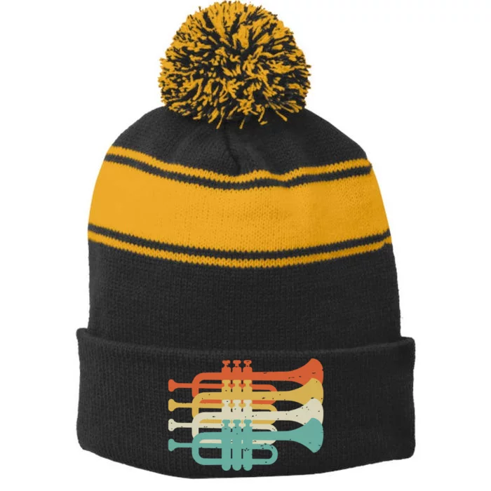 Vintage Marching Band Trumpet Player Retro Design Trumpeter Stripe Pom Pom Beanie