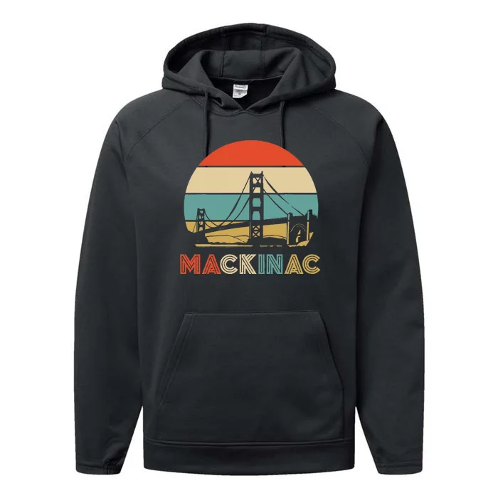 Vintage Mackinac Bridge Island Mackinaw City Retro Michigan Performance Fleece Hoodie