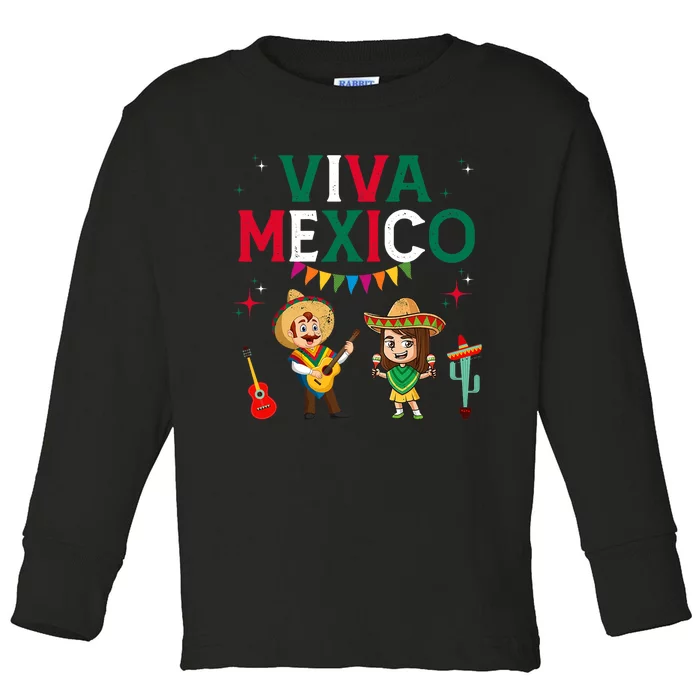 Viva Mexico Boy Girl Maracas Guitar Mexican Independence Toddler Long Sleeve Shirt