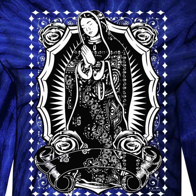 Virgin Mary Black White Bandana Print Chicano Art Cholo Tie-Dye Long Sleeve Shirt