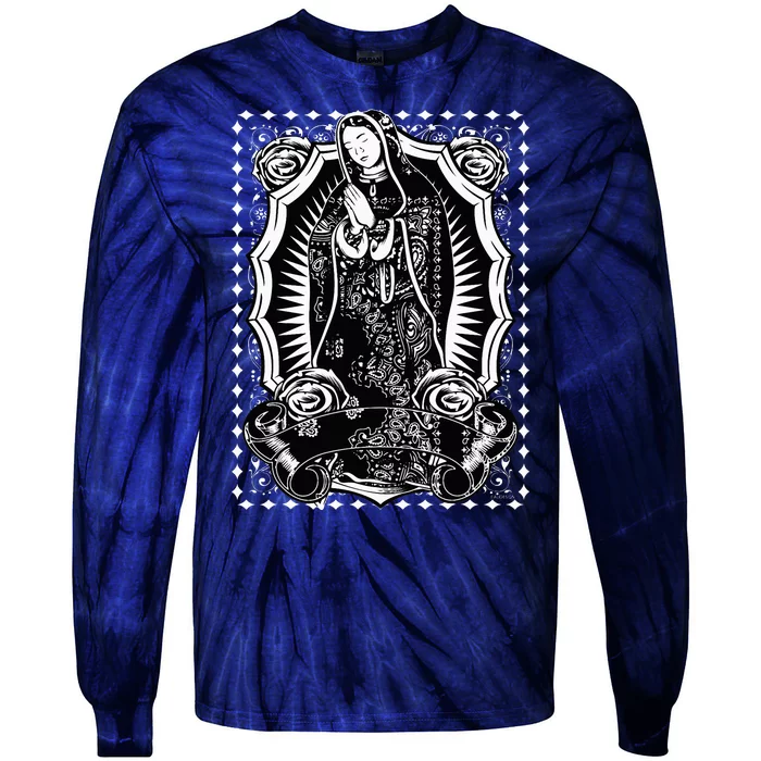 Virgin Mary Black White Bandana Print Chicano Art Cholo Tie-Dye Long Sleeve Shirt