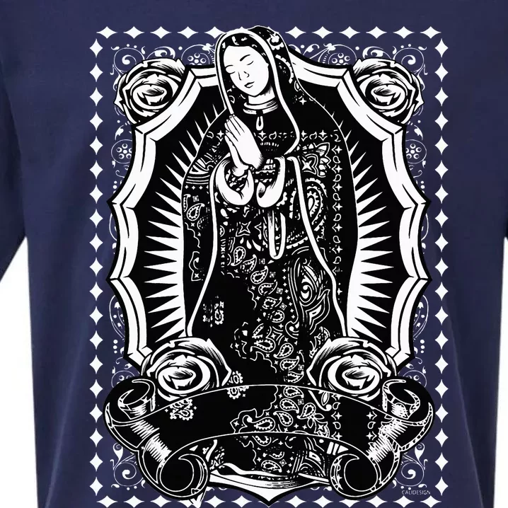 Virgin Mary Black White Bandana Print Chicano Art Cholo Sueded Cloud Jersey T-Shirt