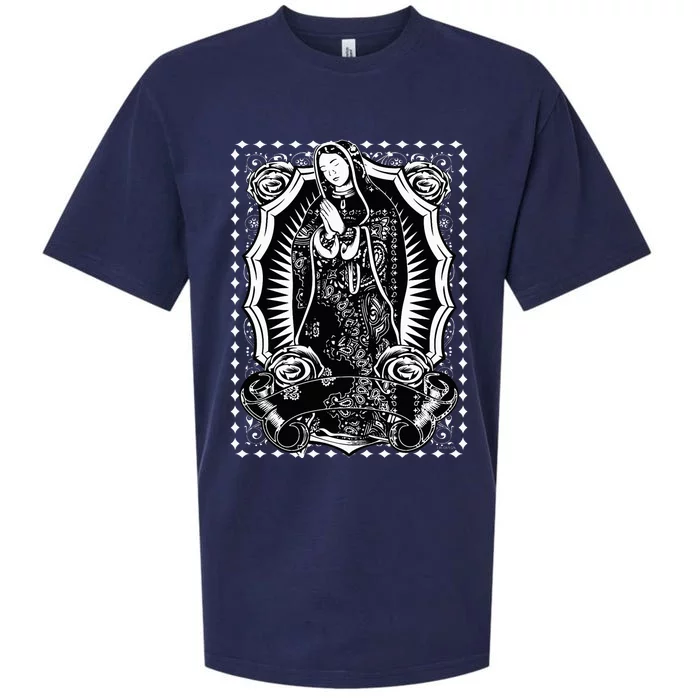 Virgin Mary Black White Bandana Print Chicano Art Cholo Sueded Cloud Jersey T-Shirt