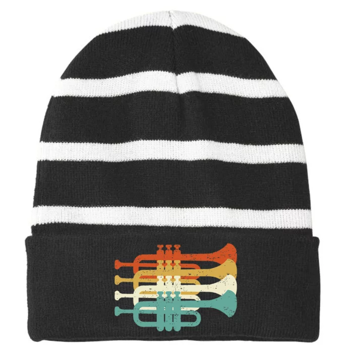 Vintage Marching Band Trumpet Player Retro Design Trumpeter Striped Beanie with Solid Band