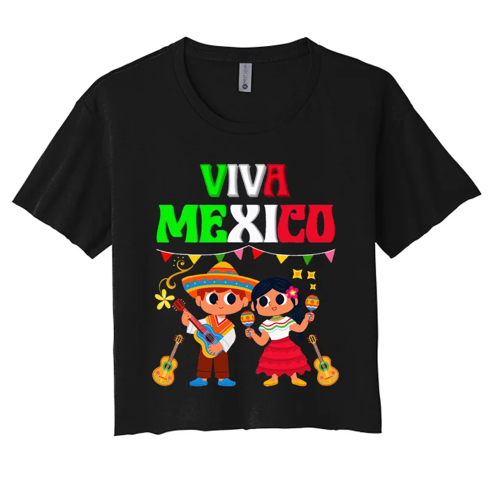 Viva Mexico Boy Girl Maracas Guitar Mexican revolution day Women's Crop Top Tee