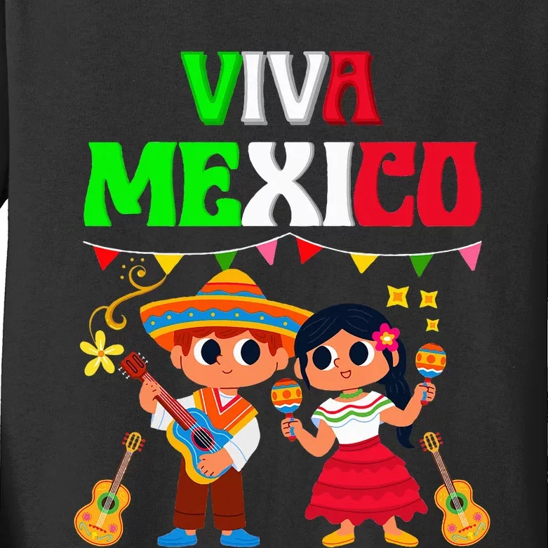 Viva Mexico Boy Girl Maracas Guitar Mexican revolution day Kids Long Sleeve Shirt