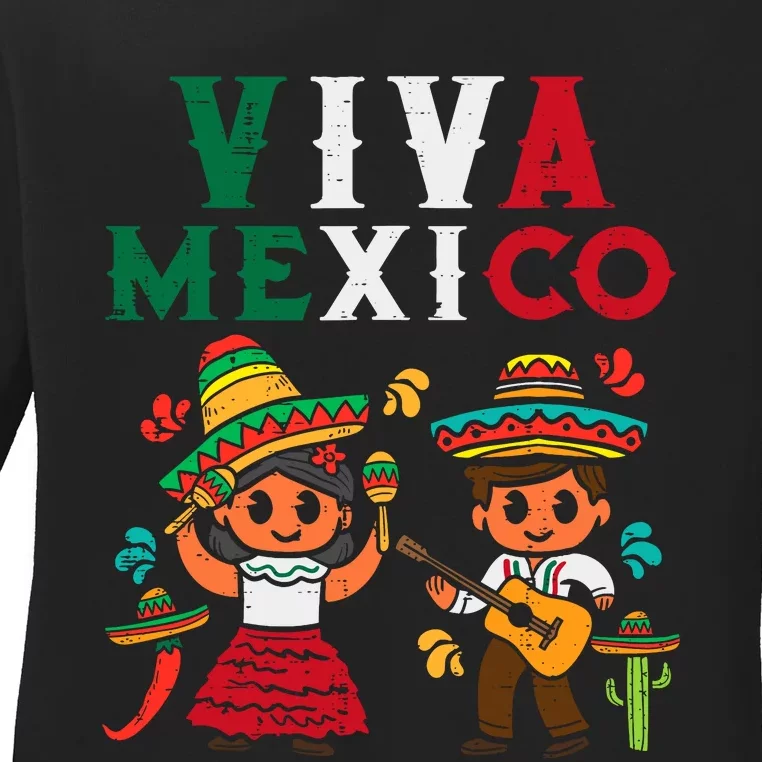 Viva Mexico Boy Girl Maracas Guitar Mexican Independence Ladies Long Sleeve Shirt