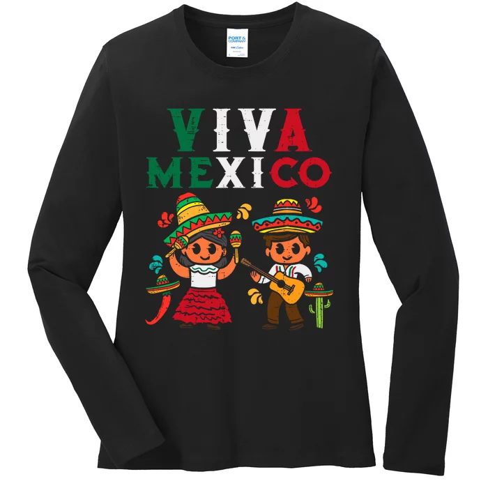 Viva Mexico Boy Girl Maracas Guitar Mexican Independence Ladies Long Sleeve Shirt