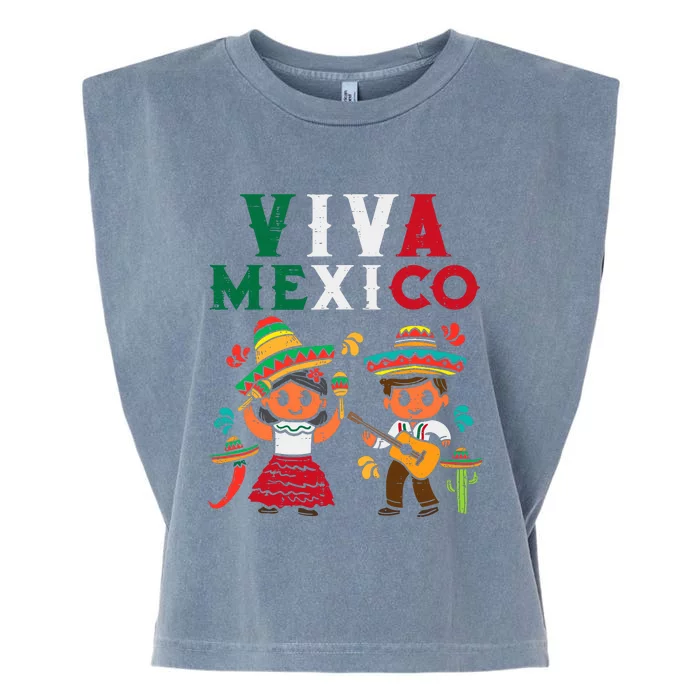 Viva Mexico Boy Girl Maracas Guitar Mexican Independence Garment-Dyed Women's Muscle Tee