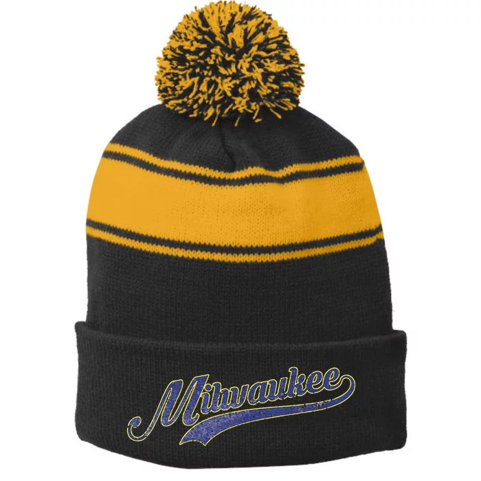 Vintage Milwaukee Baseball Stripe Pom Pom Beanie