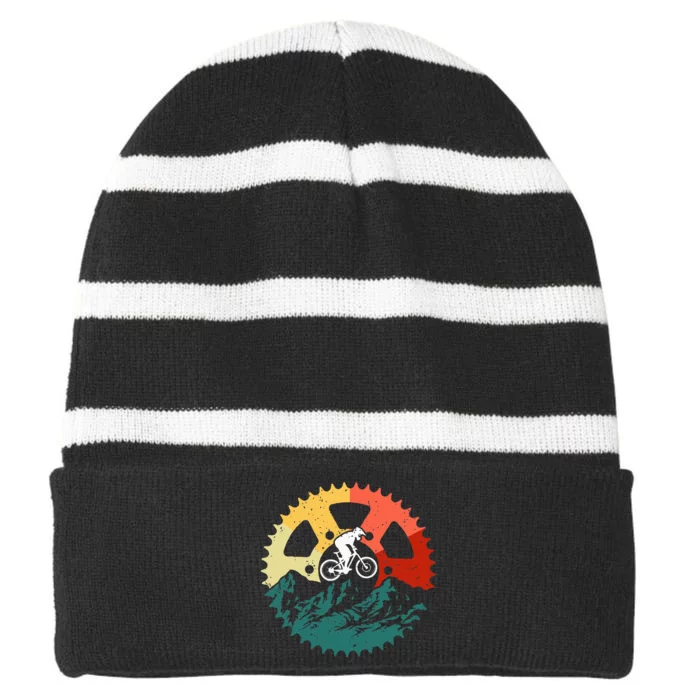 Vintage Mountain Biking Art For Mountain Biker Striped Beanie with Solid Band