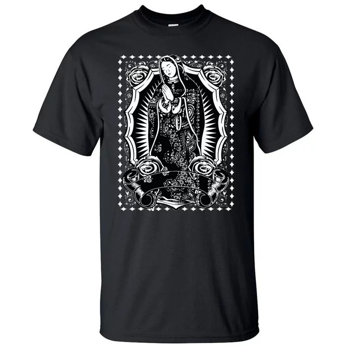 Virgin Mary Black White Bandana Print Chicano Art Cholo Tall T-Shirt