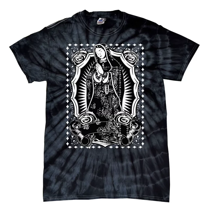 Virgin Mary Black White Bandana Print Chicano Art Cholo Tie-Dye T-Shirt