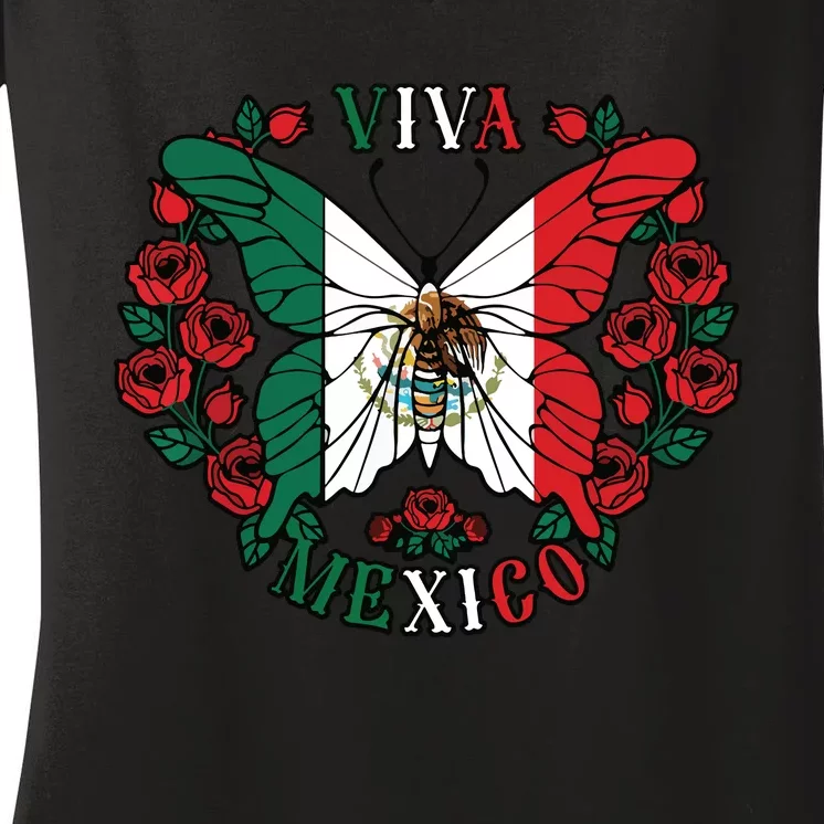 Viva Mexico Butterfly Rose Mexican Independence Women's V-Neck T-Shirt