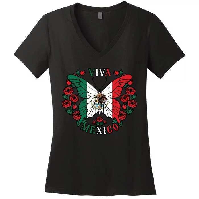 Viva Mexico Butterfly Rose Mexican Independence Women's V-Neck T-Shirt