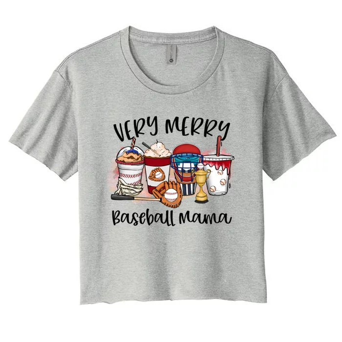 Very Merry Baseball Mama Christmas Coffee Baseball Pajamas Funny Gift Women's Crop Top Tee