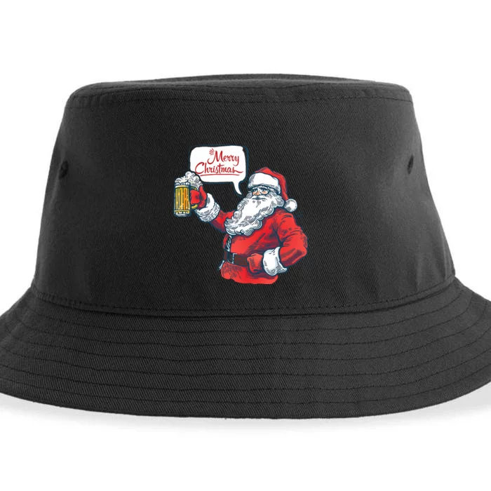 Vintage Merry Christmas Santa Holding Beer Gift Sustainable Bucket Hat