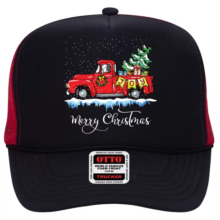 Vintage Merry Christmas Red Truck Old Fashioned Christmas High Crown Mesh Trucker Hat