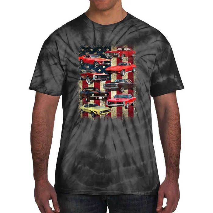 Vintage Muscle Car Retro American Flag Patriotic Tie-Dye T-Shirt