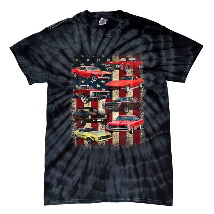 Vintage Muscle Car Retro American Flag Patriotic Tie-Dye T-Shirt