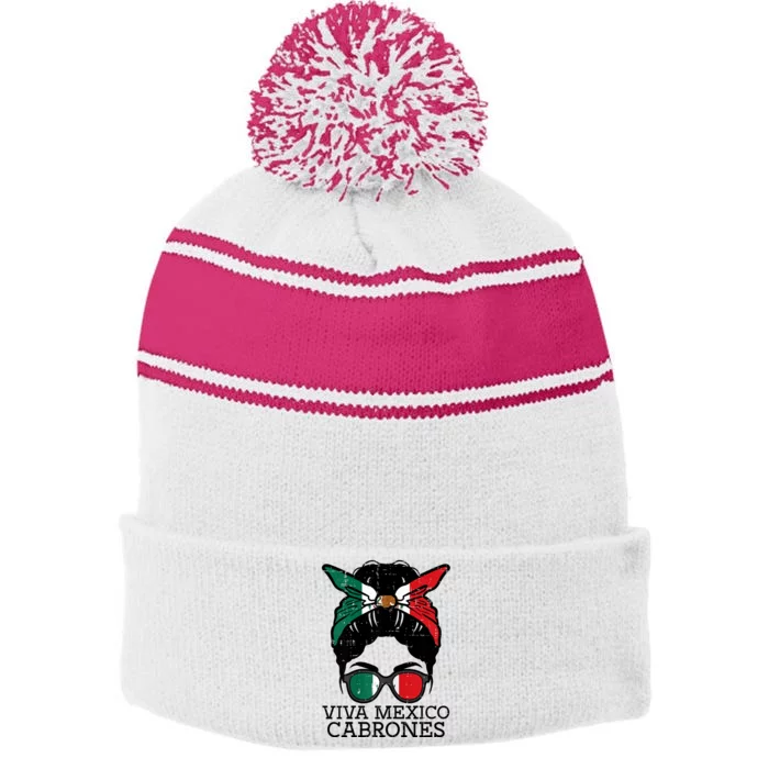 Viva Mexico Cabrones Bun Fun Mexican Independence Day Stripe Pom Pom Beanie