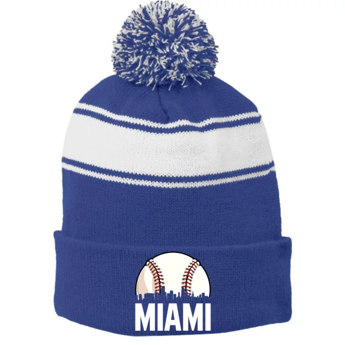 Vintage Miami Cityscape Retro Dad Baseball Lover Meaningful Gift Stripe Pom Pom Beanie