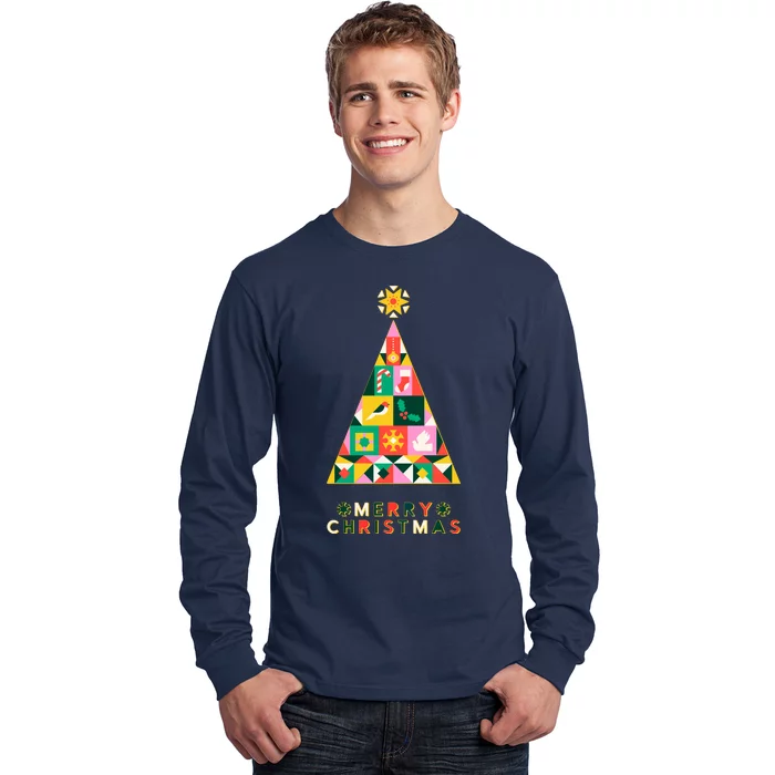 Vintage Merry Christmas Pattern Tree Long Sleeve Shirt