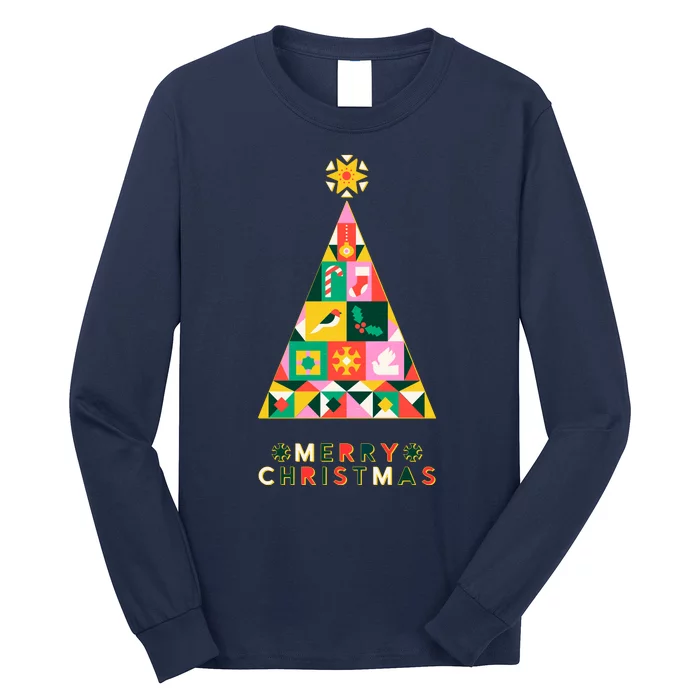 Vintage Merry Christmas Pattern Tree Long Sleeve Shirt