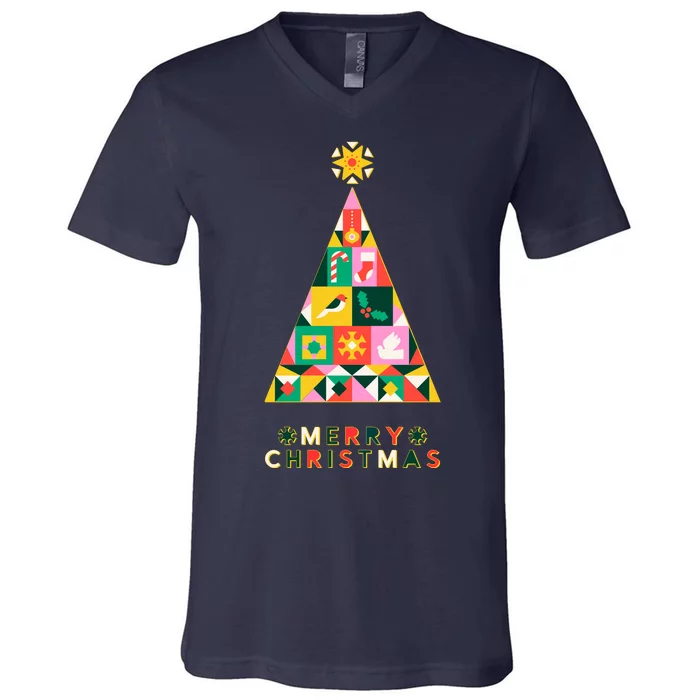 Vintage Merry Christmas Pattern Tree V-Neck T-Shirt