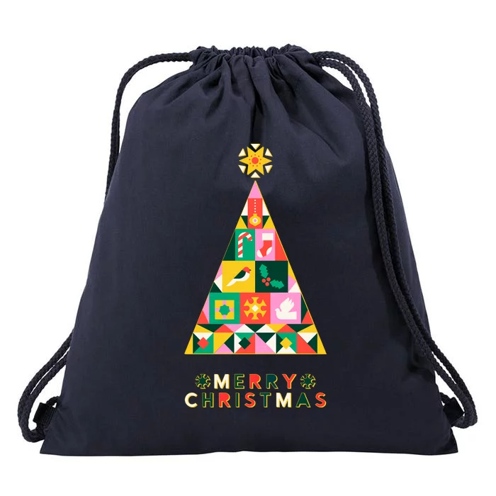 Vintage Merry Christmas Pattern Tree Drawstring Bag