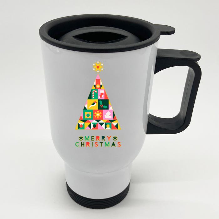 Vintage Merry Christmas Pattern Tree Front & Back Stainless Steel Travel Mug