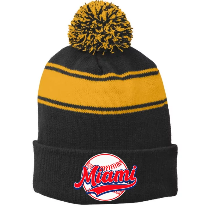 Vintage Miami Cityscape Baseball Lover For Men Women Kids Stripe Pom Pom Beanie