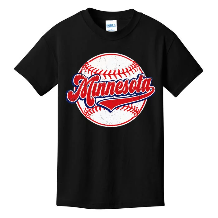 Vintage Minnesota Cityscape Baseball Lover Player And Fans Kids T-Shirt