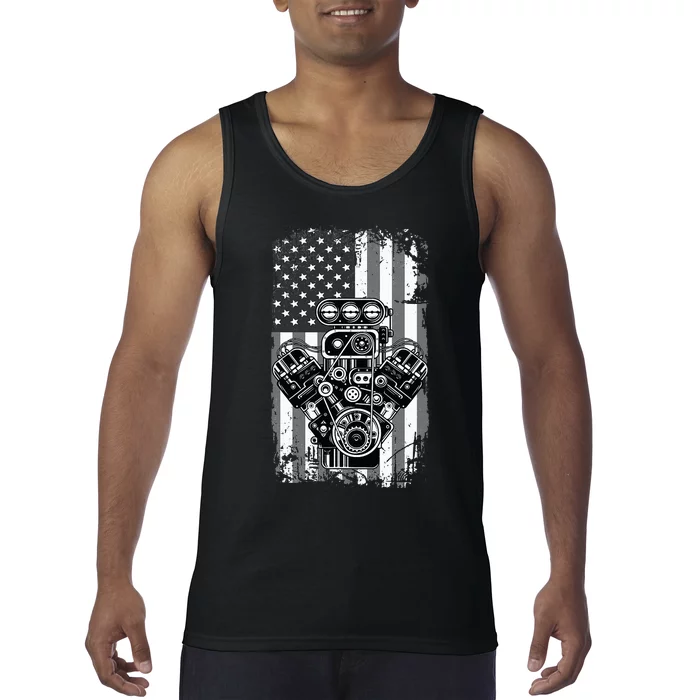 Vintage Muscle Car Piston American Flag Funny Mechanic Gift Tank Top