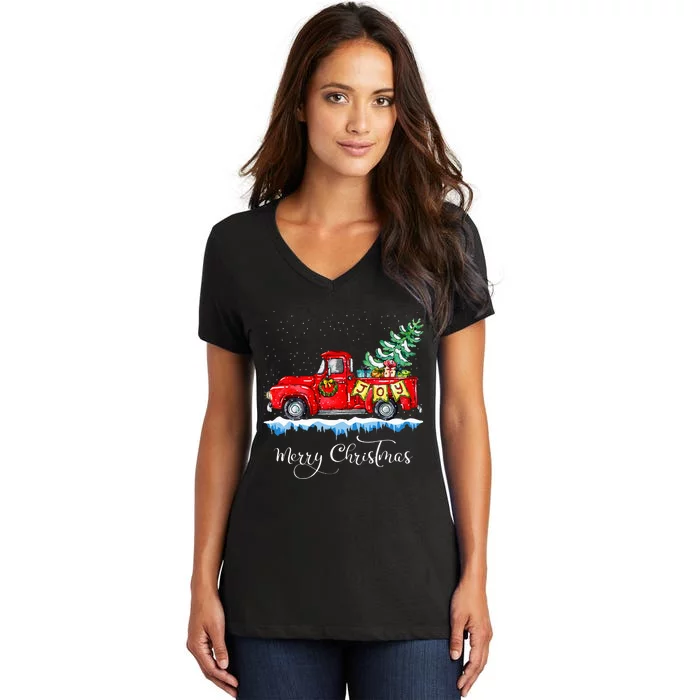 Vintage Merry Christmas Red Truck Old Fashioned Christmas Women's V-Neck T-Shirt